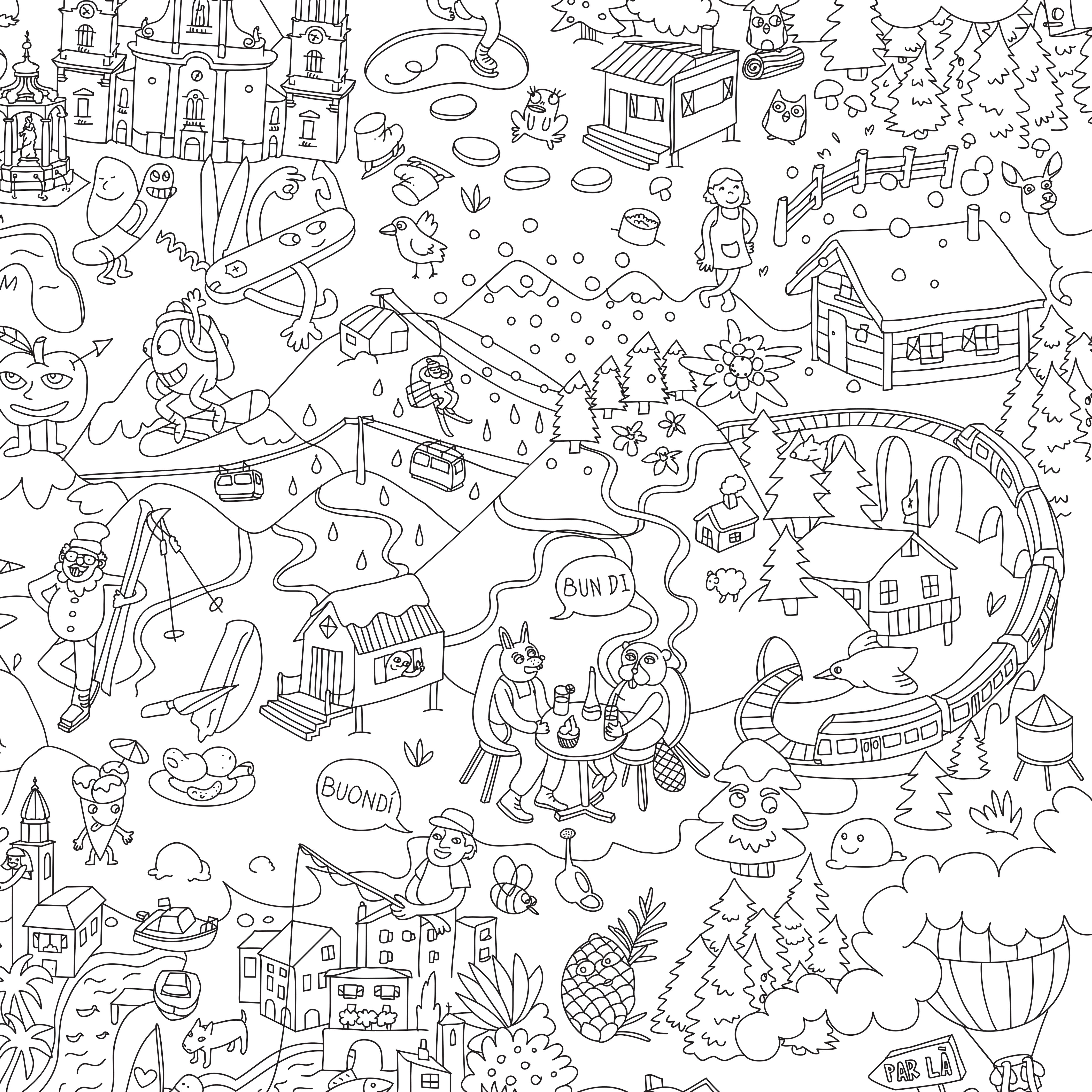 Dettaglio illustrato del poster gigante da colorare con le città svizzere e il lago di Ginevra