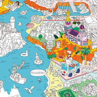 Ilustración coloreada del póster OMY Marsella para colorear, con monumentos famosos y el mar Mediterráneo