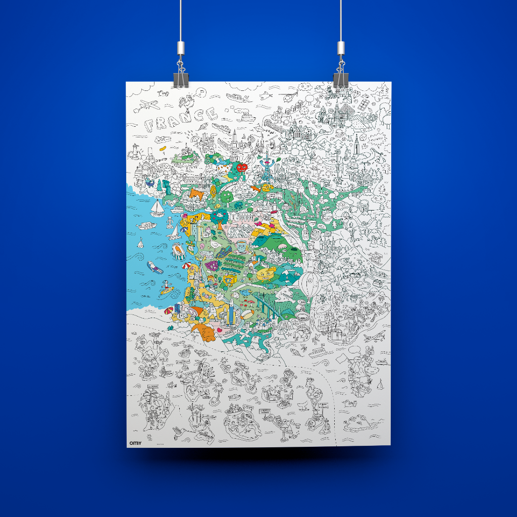 Póster gigante OMY del mapa de Francia colgado, versión para colorear con ilustraciones regionales