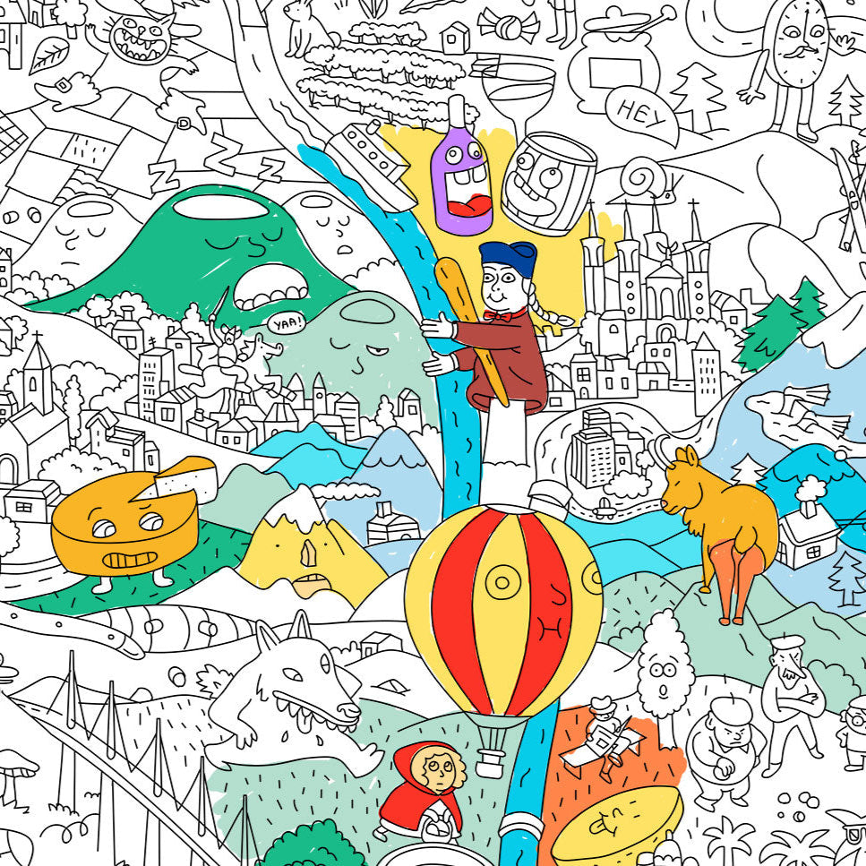 Vista parcial en color del póster gigante OMY de Francia con París, Lyon y Marsella y elementos humorísticos