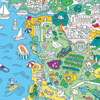 Vista parziale colorata del poster gigante OMY France che include La Rochelle, Royan e Bordeaux con elementi umoristici. Zoom sul poster OMY colorato del sud-ovest della Francia: Paesi Baschi, Bordeaux ed elementi grafici colorati.