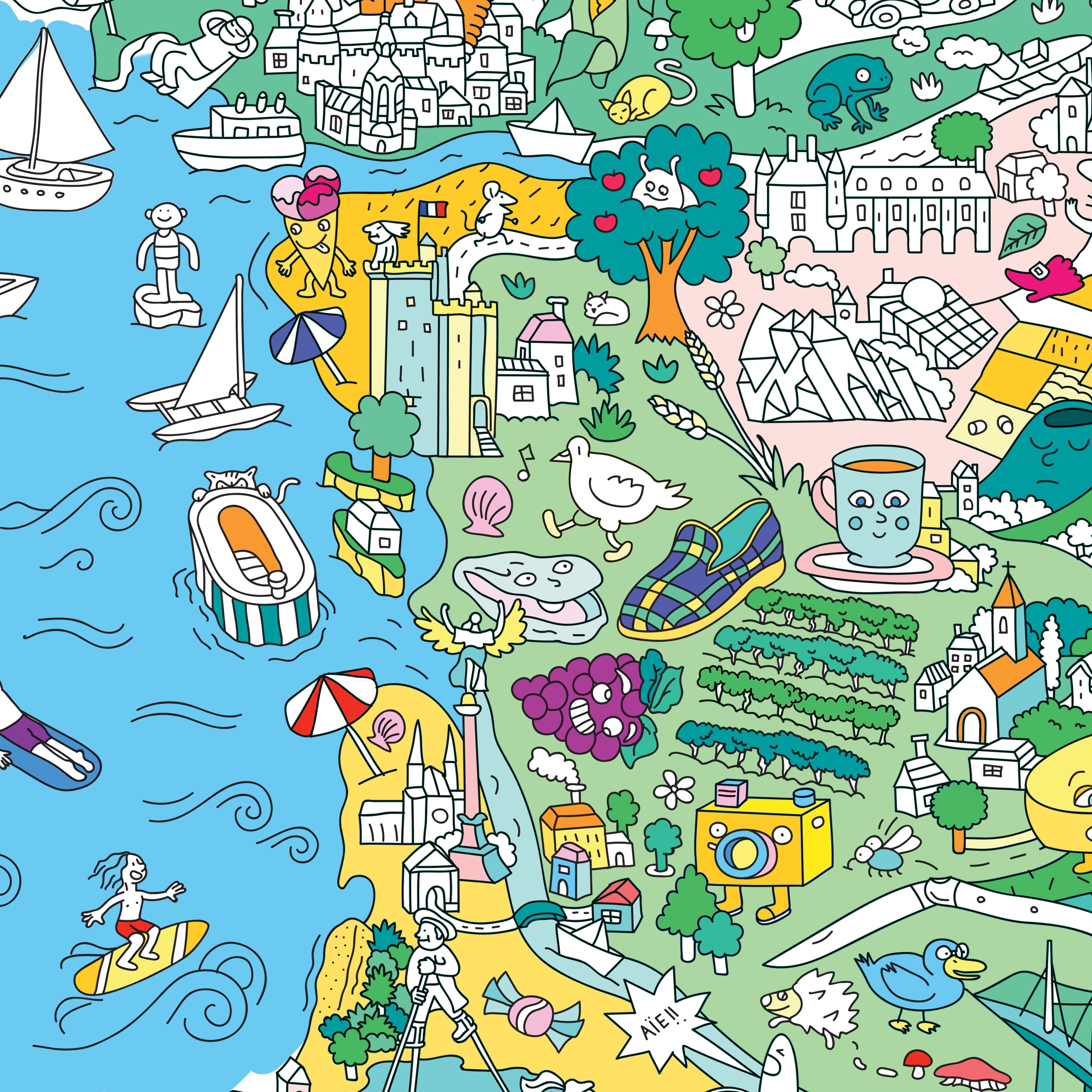 Vista parcial en color del póster gigante OMY de Francia con La Rochelle, Royan y Burdeos y elementos humorísticos; zoom en el póster OMY coloreado del suroeste de Francia: País Vasco, Burdeos y elementos gráficos de colores