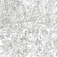 Giant Fun Park coloring poster in black and white, filled with funfair scenes
