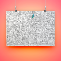 Hanging Fun Park poster, coloring version with rides and a Ferris wheel