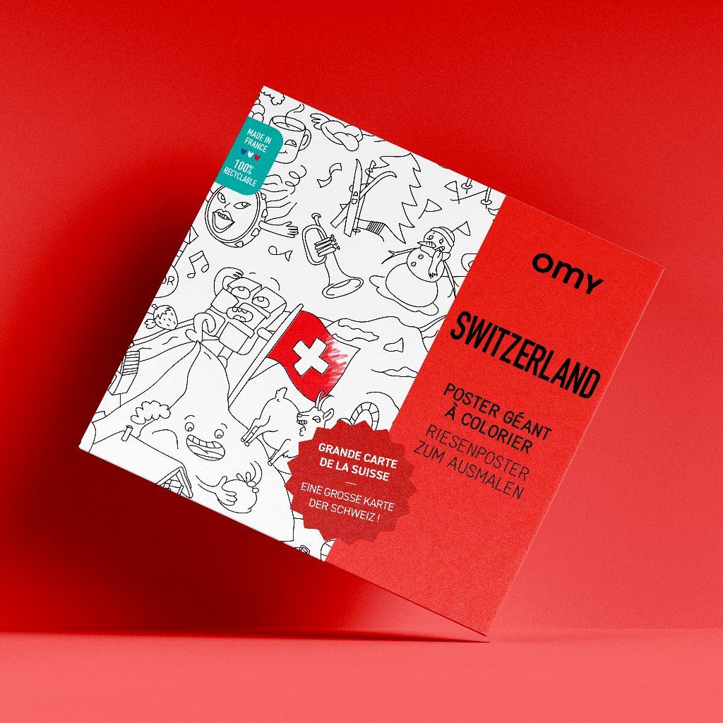 Caja del póster gigante OMY de Suiza para colorear sobre fondo rojo vivo