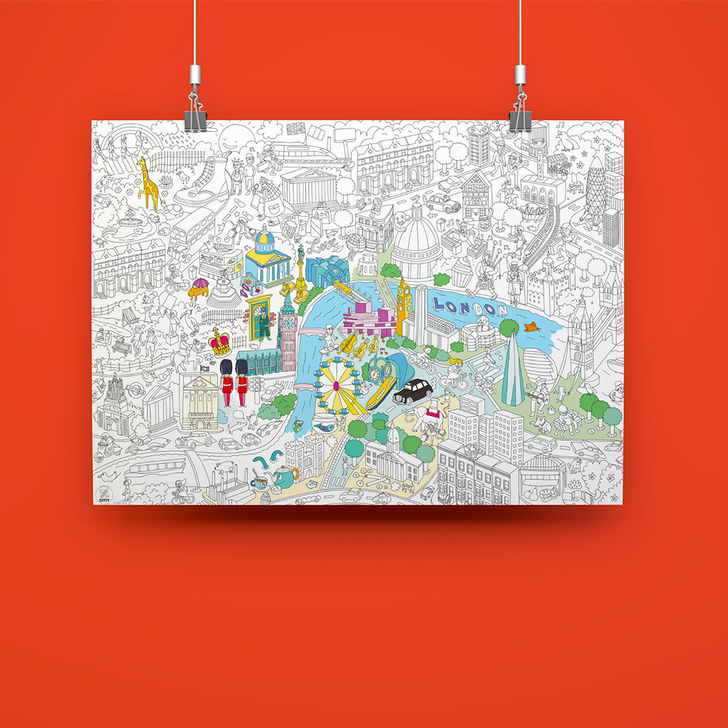 Póster de Londres para colorear colgado con pinzas rojas, mapa ilustrado de la ciudad para niños