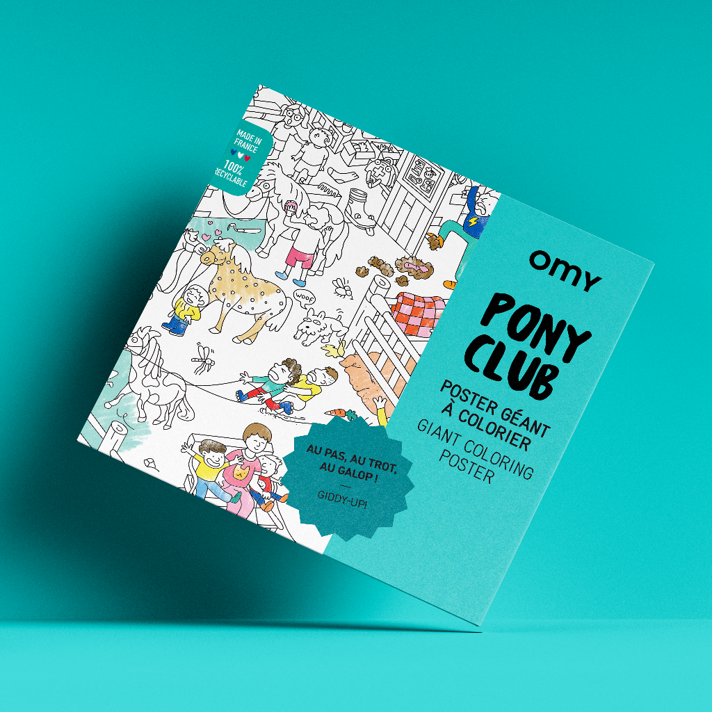 Packaging of the giant Pony Club OMY coloring poster on a turquoise background, with illustrations of horses and riders.