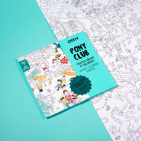 Giant Pony Club coloring poster laid flat on a turquoise background, showing a fun riding center.