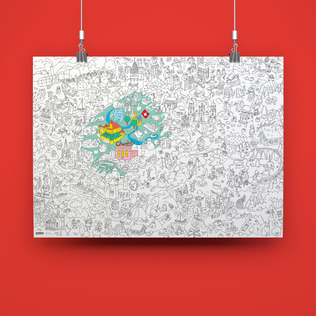 Póster gigante de Suiza para colorear colgado en la pared, ideal para la habitación infantil