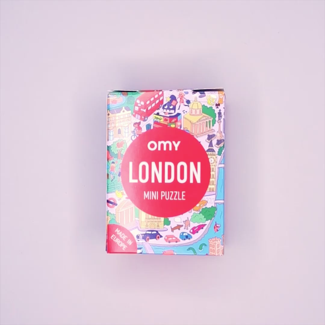 Vidéo de la boîte du Mini Puzzle London OMY illustrée des monuments de Londres, fabriqué en Europe