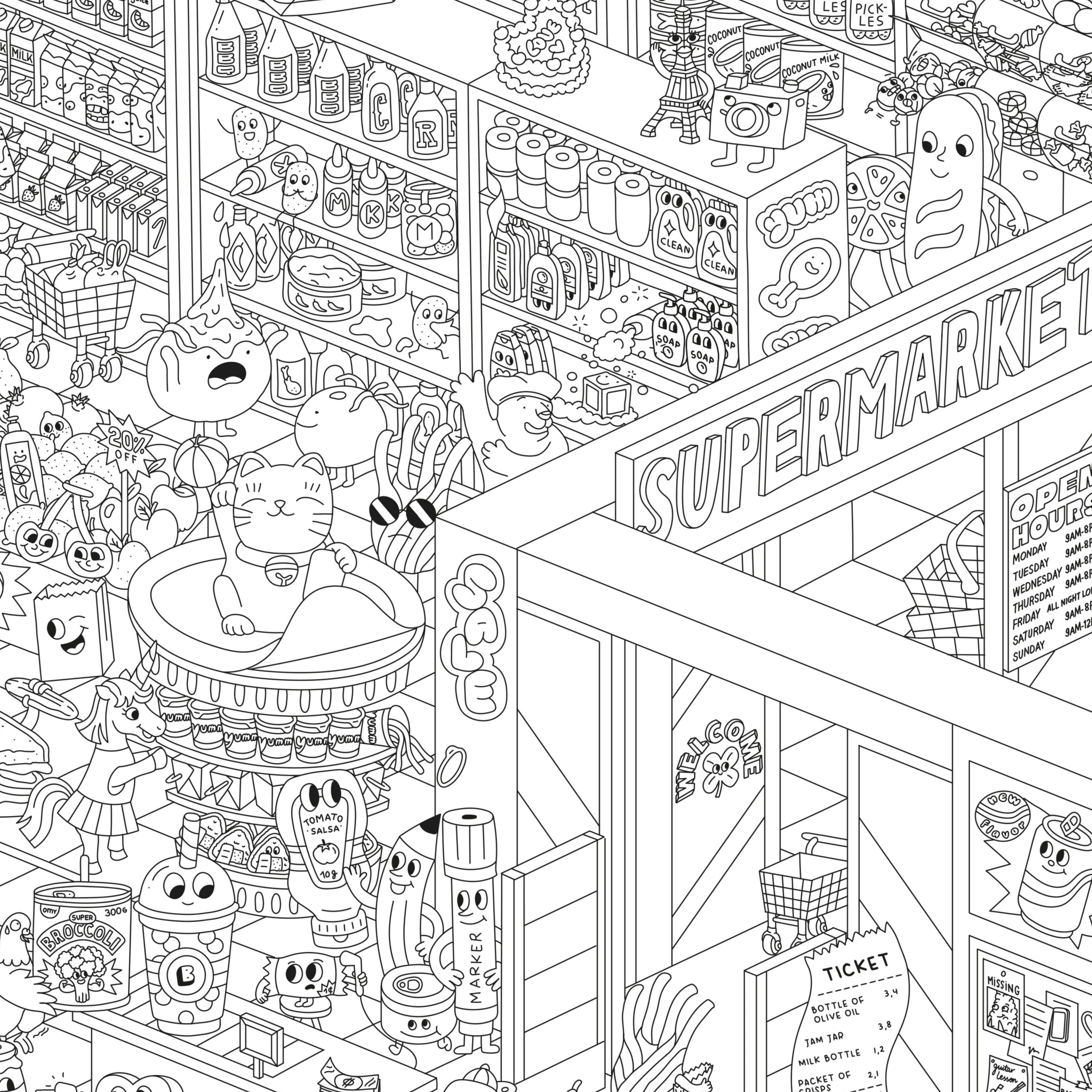 Detail des Riesenposters zum Ausmalen Super Market von OMY mit Supermarktregalen voller lustiger Figuren und Produkte.