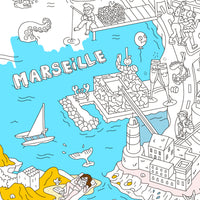Detalle del póster OMY Marsella para colorear con mapa ilustrado de las calanques y el Mucem