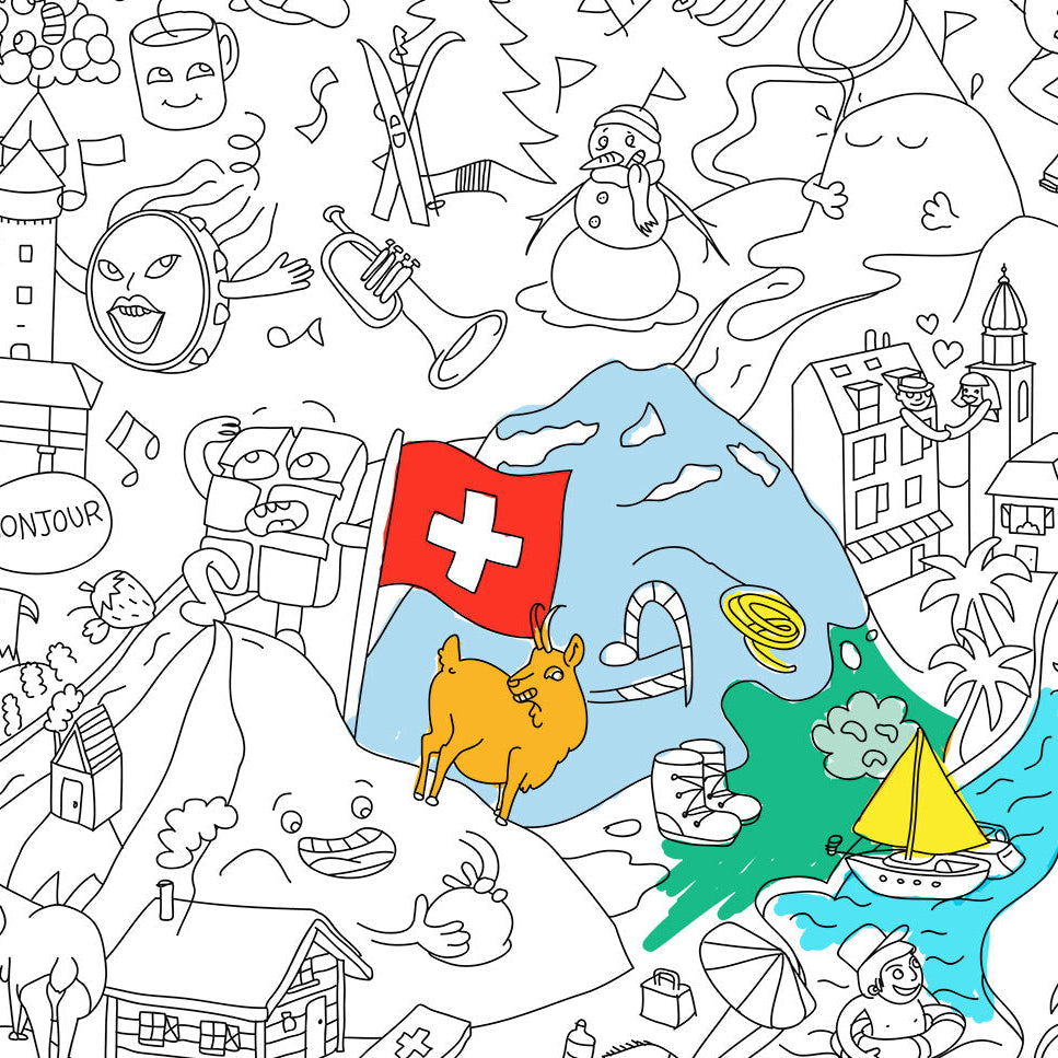 Zoom su monumenti e paesaggi svizzeri da colorare nel poster gigante OMY della Svizzera