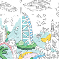 Zoom sur le poster géant Dubai avec gratte-ciel colorié et détails fins